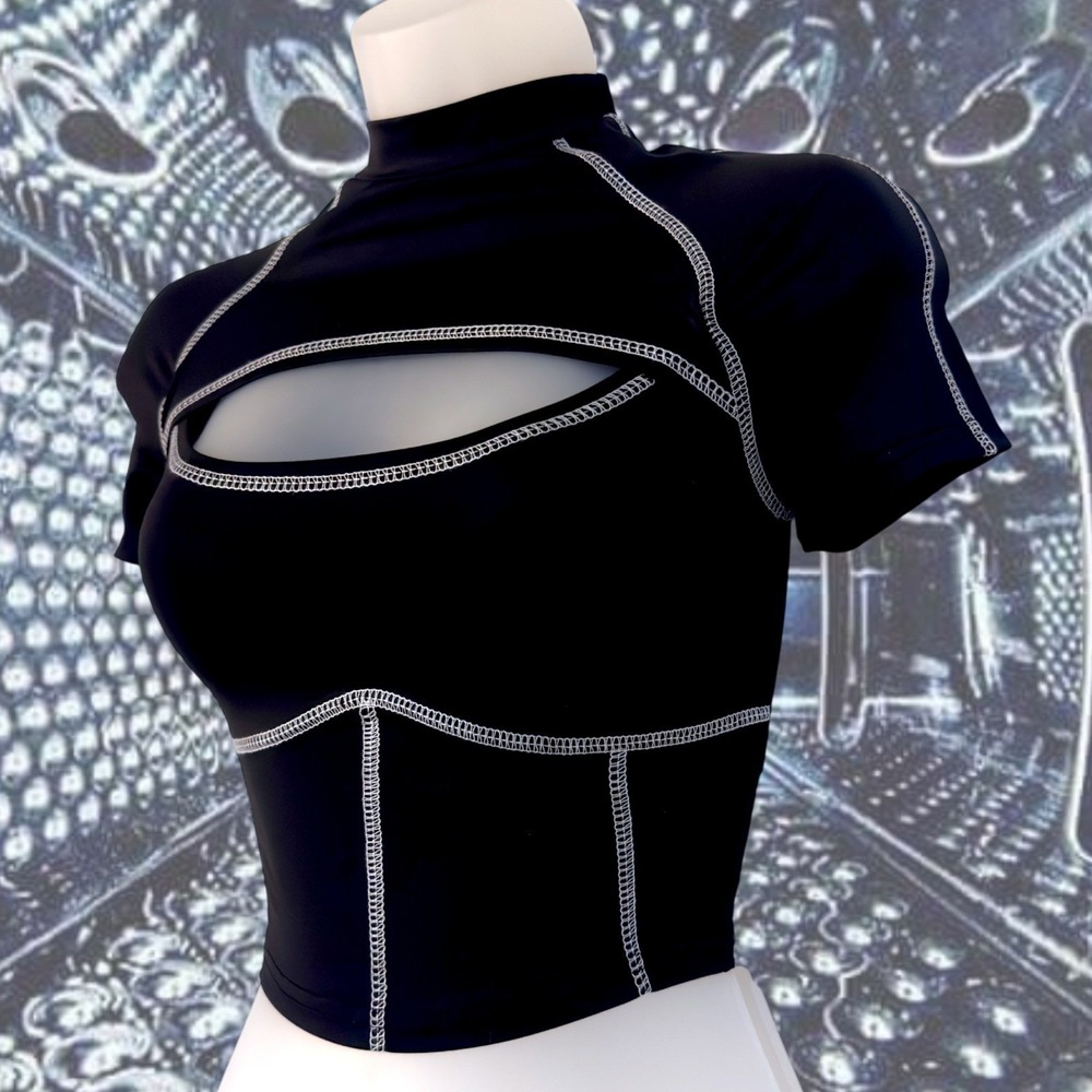 New Medium Black Mock Neck Cutout Crop Top White Stitching Short Sleeve Y2k Goth